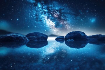 Wall Mural - Serene night scene with rocks reflecting the Milky Way galaxy in a calm body of water.