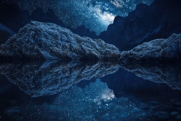 Wall Mural - Starry night sky reflected in a calm lake surrounded by majestic mountains and rocky shores.