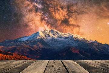 Wall Mural - Majestic snow-capped mountains under a vibrant Milky Way galaxy, autumn foliage in the foreground.