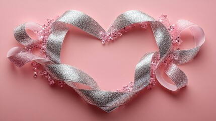 Poster - A heart-shaped frame made from pink and silver ribbons, ideal for romantic occasions or special events