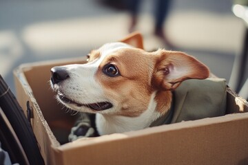 Wall Mural - A brown and white dog is cozy inside a cardboard box