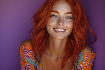 Aufkleber - A portrait of a woman with bright red hair and freckles, looking directly at the camera
