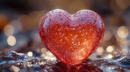 Poster - A heart-shaped object sits on top of a wet surface, often used for decorative or symbolic purposes