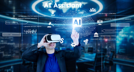 Poster - smart project manager pointing at ai chat hologram and wearing headset at modern office. professiona