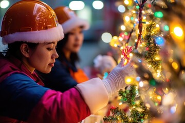 Poster - Two girls decorating a Christmas tree with Santa hats