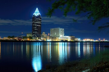 Poster - Nighttime view of a city skyline from across the water, with boats and buildings illuminated