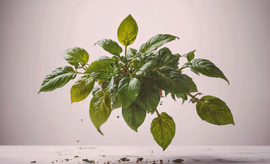 Poster - Plant is floating in the air, with its leaves spread out. Concept of freedom and lightness, as if the plant is defying gravity. The white background adds a sense of calmness