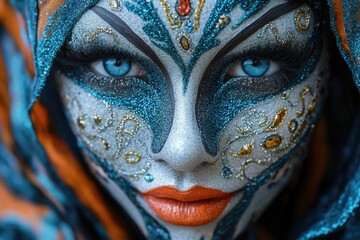 Wall Mural - A close-up shot of a person's face painted with colorful designs, suitable for creative projects or artistic expression