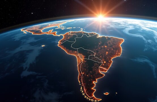 South America continent seen from space. Sunrise over planet. Cities glow with lights. Large green areas of forest. Global map view at sunrise. Sunrise highlights continent features. International