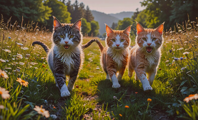 Poster - Three cats are running through a field of flowers. The cats are orange and white. Scene is playful and joyful