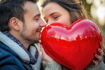 Poster - A romantic moment between two people sharing a tender kiss while holding a symbol of love on Valentine's Day