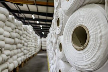 Aufkleber - A warehouse filled with many rolls of white yarn