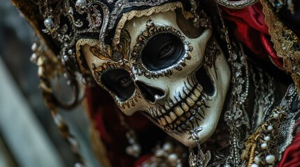 Poster - Close-up shot of a mask featuring a skull motif, suitable for horror-themed projects or Halloween celebrations