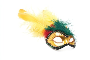 A colorful mask with feathers on a white background, suitable for cultural or decorative purposes