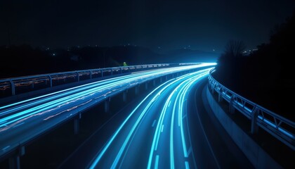 Aufkleber - Highway at night displays dynamic light trails. Cars speed along highway curves, creating glowing blue streaks. Night cityscape visible in distance. Modern transportation, futuristic scene. Vibrant