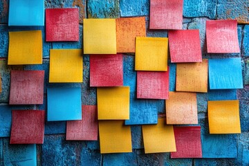 Poster - A bunch of colorful post-it notes hanging on a wall, perfect for creative brainstorming sessions or as a decorative accent