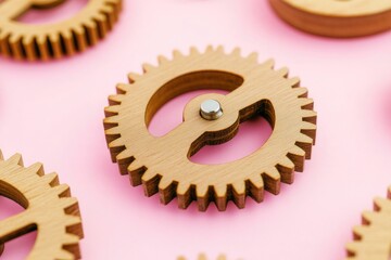 Poster - A collection of wooden gears arranged on a pink background