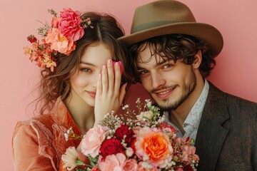 Poster - A romantic moment captured between two people holding a beautiful bouquet of flowers