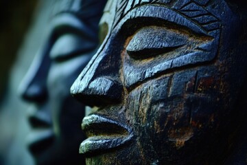 Poster - A detailed view of a wooden carving depicting a human face, perfect for use in illustrations or designs where a unique and natural element is needed