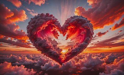 Poster - Heart made of clouds with a red sun in the background. The clouds are pink and orange, giving the image a warm and romantic mood