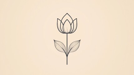 Poster - Elegant minimalist line drawing of a flower with leaves on a cream background. Generative AI