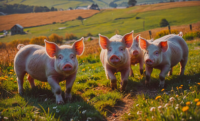 Poster - Four pigs are running through a field of grass. The scene is peaceful and serene, with the pigs enjoying their time in the open field