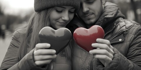 Aufkleber - A loving couple holding a bright red heart symbolizing their love and affection