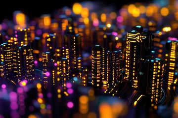 Aufkleber - Nighttime scene with city buildings illuminated by lights, great for urban or metropolitan themes