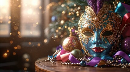 Aufkleber - A colorful carnival mask resting on a wooden table, perfect for use in party or festive themed projects