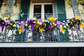 Wall Mural - Colorful Mardi Gras decorations on a balcony, featuring purple and yellow themes