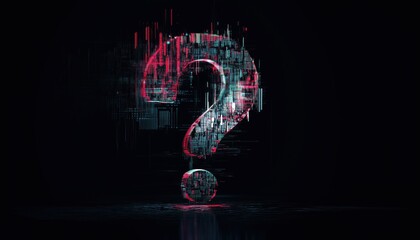 Poster - Abstract Neon Question Mark With Glitch Effect On Black Background: Modern And Illuminated Distorted Interrogation Mark Element