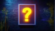 © Andrii - Realistic Quiz Poster With Yellow Neon Question Mark On Dark Brick Wall With White Frame And Copy Space - Trivia Night Or Contest Announcement.