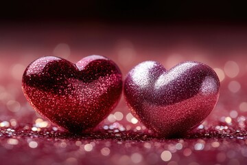 Poster - A pair of gleaming hearts placed on a reflective surface, perfect for romantic and love-themed projects