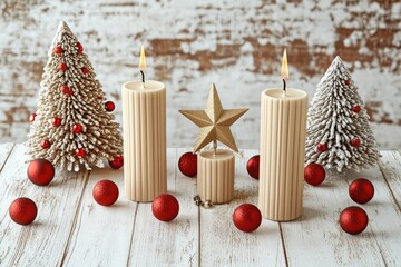 Aufkleber - Three candles sit on a wooden table, ideal for use in interior design, party decorations or as a still life photography subject