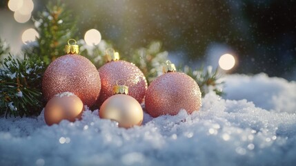 Canvas Print - Group of Christmas ornaments sitting on top of snow-covered ground, perfect for winter or holiday-themed designs