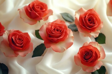 Poster - A bouquet of red roses sitting on a white cloth, perfect for romantic occasions or as a decorative piece