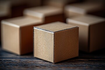 Poster - A collection of cardboard boxes stacked on a wooden surface, ideal for use in commercial or industrial settings