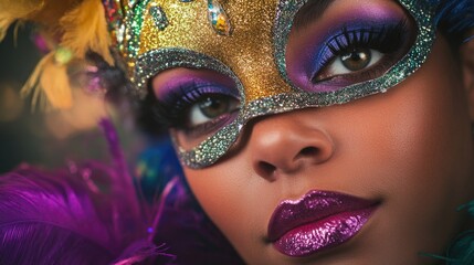 Poster - A close-up shot of a woman wearing a colorful carnival mask, perfect for parties or festive events