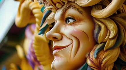 Poster - A detailed view of a female figure's facial features on a statue, suitable for artistic or historical context