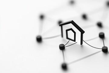 Poster - A classic house surrounded by small dots in a minimalist black and white composition