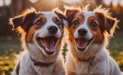 Poster - Two dogs are smiling and looking at the camera. They are wearing collars and are sitting next to each other