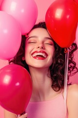 Aufkleber - A woman holds a bouquet of red and pink balloons, perfect for birthday celebrations or decorations