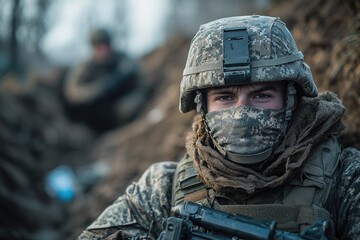Poster - Soldier or hunter in camouflage gear holding a machine gun, suitable for military or outdoor themes