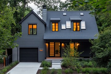 Poster - A modern house with a black roof and two garages, suitable for use in real estate or architecture illustrations