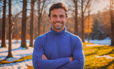 Aufkleber - Man in a blue sweater is smiling and posing for a picture. The image has a warm and inviting mood, with the man's smile and the bright blue color of his sweater creating a sense of happiness and