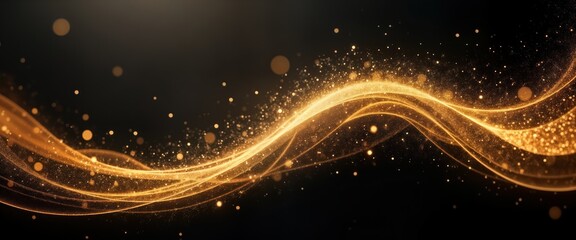Aufkleber - Abstract illustration of wavy gold particles on black background. Glittering gold dust, particles create dynamic wave pattern. Image evokes sense of luxury, energy, futuristic design. Suitable for