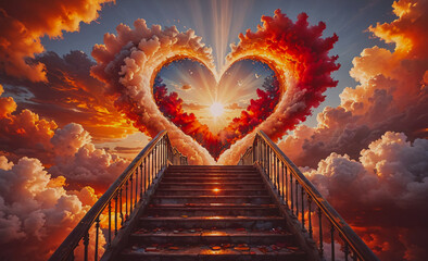 Poster - Heart-shaped staircase is shown in the sky with a red sun shining on it. Concept of love and warmth, as the heart shape and the sun symbolize affection and happiness
