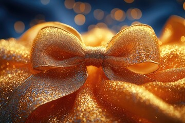 Poster - A gold bow rests on a golden cloth illuminated by soft lights