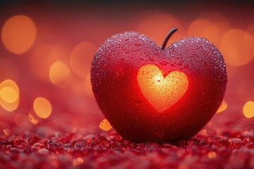 Aufkleber - A bright red apple with a heart shape in its center, perfect for romantic or Valentine's Day themes