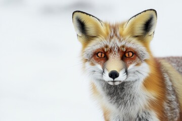 Wall Mural - A close-up shot of a red fox's face in snowy surroundings